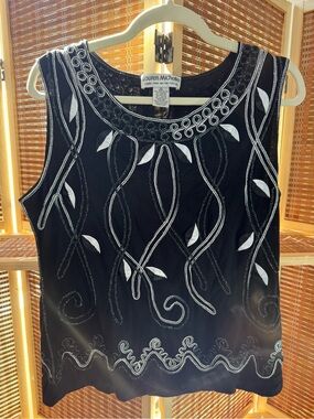 Lauren Michelle Black Tank with White Embroidered Leaf Accents N0356
